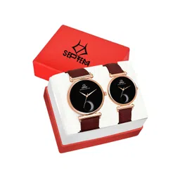 Septem Unisex Black Embellished Dial & Brown Leather Straps Analogue Watch Gift Set-picture-13