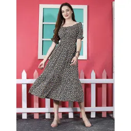 Sera Black Floral Printed Boat Neck Crepe A-Line Midi Dress-picture-11