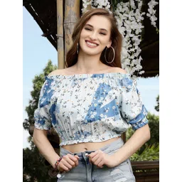 Sera Blue & White Floral Print Off-Shoulder Bardot Crop Top-picture-34