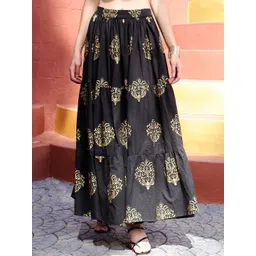 Sera Ethnic Printed Gathered & Pleated Pure Cotton A-Line Maxi Skirt-picture-24
