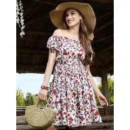 Sera Floral Print Off-Shoulder Puff Sleeve Fit & Flare Mini Dress-picture-28