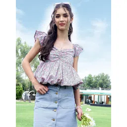 Sera Floral Printed Sweetheart Neck Flared Sleeve Cotton Balloon Top-picture-37