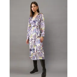 Sera Floral Women Printed Satin Wrap V-Neck Midi Dress image 5