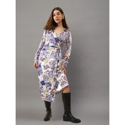 Sera Floral Women Printed Satin Wrap V-Neck Midi Dress image 1