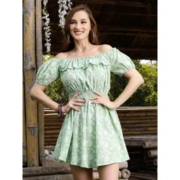 Sera Green Floral Printed Ruffled Smocked Detailed Off-Shoulder Fit & Flare Dress-picture-38