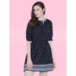 Sera Navy Blue Crepe A-Line Dress-picture-29
