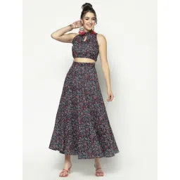 Sera Navy Printed Crop Top With Skirt-picture-42