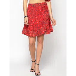Sera Red Floral Printed Ruffle Wrap Mini Skirt-picture-37