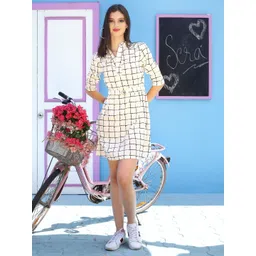 Sera White & Black Checked Mandarin Collar A-Line Dress-picture-24