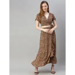 Sera Women Brown & Beige Printed Wrap Top with Skirt-picture-23