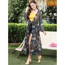 Sera Women Brown & Pink Printed Longline Tropical Tie-Up Shrug-picture-19