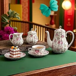 Serving Bone China Flower Printed Tea Set with 6 Wide Latte Cups & Saucer, Tea Kettle Pot, Milk Pot, Sugar Holder Multicolor Flower Design Gold Line (Set of 15pcs)-picture-20