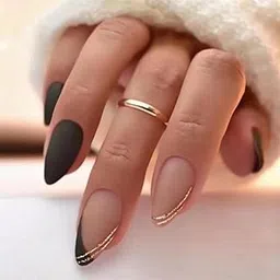 Set Of 14 Pc, Matte Almond Press-On Nails, Black and Nude with 2 Gold Glitter Line Design With Free Glue Kit-picture-27