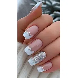 Set Of 14Pc, Press-on Nails, Short Square Nude Pink and White French Ombre with Silver Glitter Nail Extensions With Free Glue Kit-picture-38