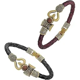 (Set Of 2 Pcs) Black & Brown Color Shiva Mahakal Mahadev Rudraksha Beads Om Trishul Damru Design Bahubali Cuff Leather Rope Bracelet Kada Wrist Band/Belt-image-13