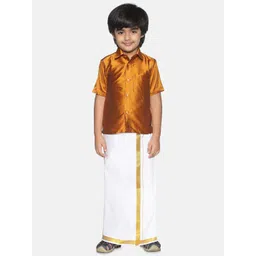 Sethukrishna Boys Mustard Brown & White Solid Shirt and Veshti Set-picture-33