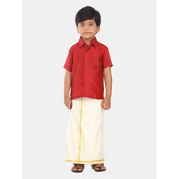 Sethukrishna Boys Red & Off White Shirt & Veshti Set-picture-46