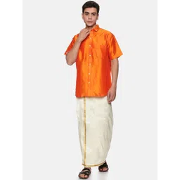 Sethukrishna Men Orange & White Shirt with Zari Dhoti-picture-13
