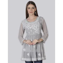 Seva Chikan Ethnic Motifs Embroidered Chikankari Angrakha A Line Kurti With Slip-picture-34
