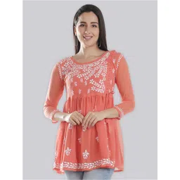 Seva Chikan Ethnic Motifs Embroidered Chikankari Angrakha Kurti With Slip-picture-37