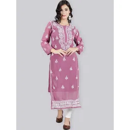 Seva Chikan Ethnic Motifs Embroidered Chikankari Straight Georgette Kurta With Slip-picture-26