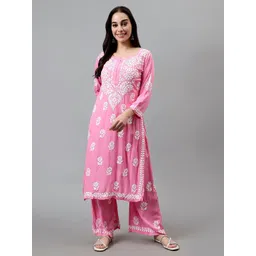 Seva Chikan Ethnic Motifs Embroidered Chikankari Straight Kurta With Palazzo-picture-35