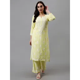 Seva Chikan Ethnic Motifs Embroidered Chikankari Straight Kurta With Palazzo-picture-36