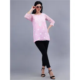 Seva Chikan Ethnic Motifs Embroidered Notch Neck Chikankari Straight Kurti With Slip-picture-18