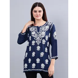 Seva Chikan Ethnic Motifs Embroidered Notch Neck Straight Lucknowi Chikankari Kurti-picture-31