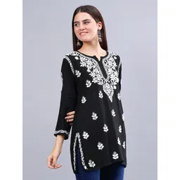 Seva Chikan Ethnic Motifs Embroidered Three-Quarter Sleeves Round Neck Chikankari Kurti image 3