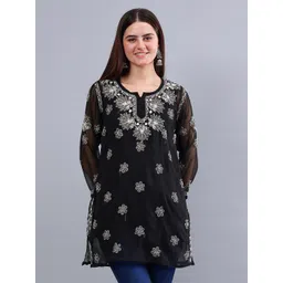 Seva Chikan Ethnic Motifs Three-Quarter Sleeves Round Neck Embroidered Chikankari Kurti-picture-19