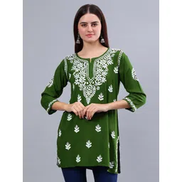 Seva Chikan Ethnic Motifs Three-Quarter Sleeves Round Neck Embroidered Chikankari Kurti-picture-10