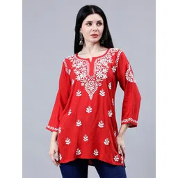 Seva Chikan Ethnic Motifs Three-Quarter Sleeves Round Neck Embroidered Chikankari Kurti-picture-11