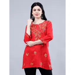 Seva Chikan Ethnic Motifs Three-Quarter Sleeves Round Neck Embroidered Chikankari Kurti-picture-11