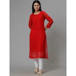 Seva Chikan Floral Embroidered Notched Neck Lucknowi Chikankari Georgette Straight Kurta-picture-25