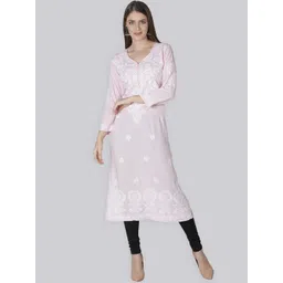 Seva Chikan Floral Motifs Chikankari Embroidered Three-Quarter Sleeve Cotton Kurta-picture-35