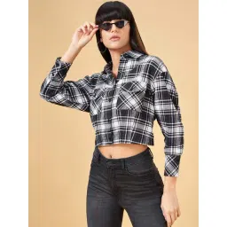 SF Jeans by Pantaloons Black Cotton Chequered Crop Shirt image 4