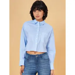 SF Jeans by Pantaloons Blue Cotton Striped Cropped Shirt-picture-32