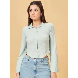 SF Jeans by Pantaloons Sage Green Self Pattern Crop Shirt-picture-14