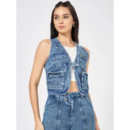 SF JEANS by Pantaloons Women Geometric Crop Denim Jacket with Embroidered-picture-17