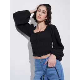 SF JEANS by Pantaloons Women Solid Puff Sleeve Blouson Crop Top-picture-25