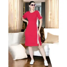 SFOTY Women Side Stripe Peinted Round Neck Short Sleeves Sheath Dress-picture-35