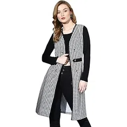 sfoty Women's Black & White Houndstooth Long Open Front Shrug-picture-47