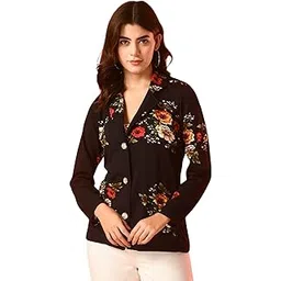 sfoty Women’s Black Floral Printed Shrug with Golden Buttons-picture-30
