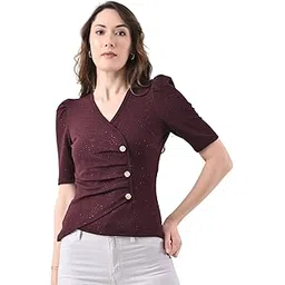 sfoty Women's Glitter V-Neck Top with Side Button Detail Short Sleeve Top-picture-25