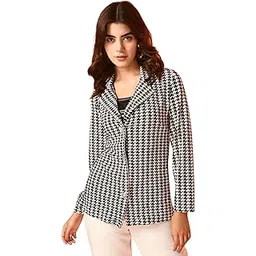 sfoty Women’s Houndstooth Printed Long Sleeve Blazer Shrug | Stylish Black & White Check Pattern Open Front Coat for Office & Casual Wear-picture-53