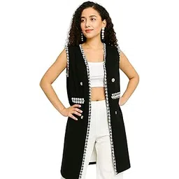 sfoty Women’s Sleeveless Long Black Houndstooth Trim Open Front Jacket with Gold Buttons Stylish for Casual & Office Wear-picture-10