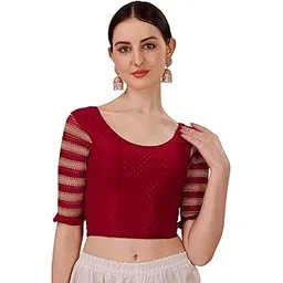 sft Round Neck Cotton Lycra Stretchable Laced Elbow Sleeves Readymade Saree Blouse for Women Stylish (Shibani-picture-51