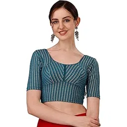 sft Women's Coton Lycra Blend Readymade Saree Blouse with Round Neck Half Sleeves Regular Fit Knit Weave Striped Pattern and Short Length-picture-27