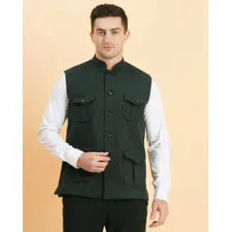 Men Slim Fit Nehru Jacket Dual Flap Pockets-image-26